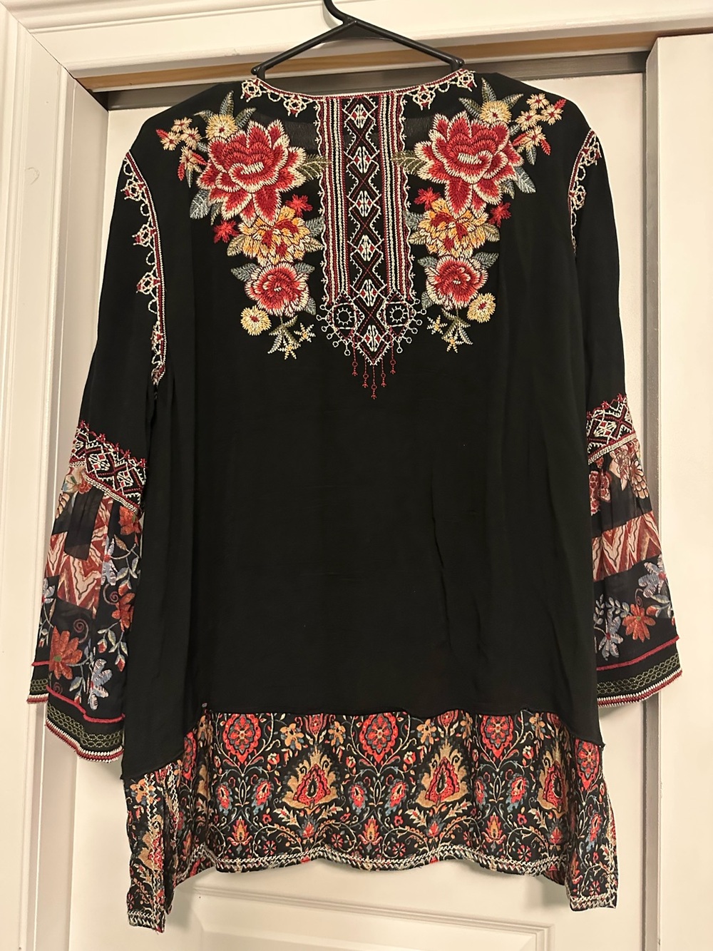 John Mark Womens L Colorful Boho Embroidered Floral Tunic Top Layered Bell Sleev - Picture 2 of 5